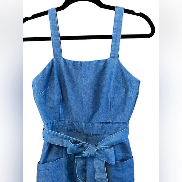 91 Cotton On Womens Jumpsuit Blue Belted Square Neck Short Sleeve Straight Leg 2 - Picture 2 of 6